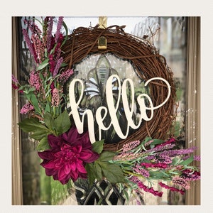 Purple Plum Hello Wreath for Spring, Summer Fall Everyday, Dahlia and Lilac Wreath