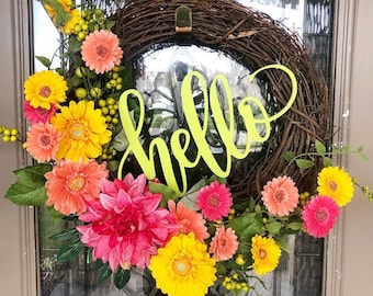 Bright Floral Gerber Daisy Wreath with Hello, Pink and Yellow Floral Wreath for Spring and Summer