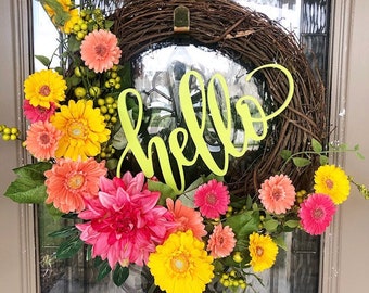 Bright Floral Gerber Daisy Wreath with Hello, Pink and Yellow Floral Wreath for Spring and Summer