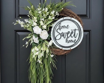 Krans voor het hele jaar, Kransen voor elke dag, Asymmetrische groene deurdecoratie, Pioenkrans, Landelijke decoratie, Kransen voor de voordeur