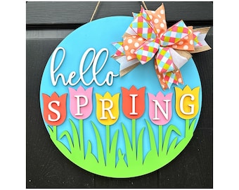 Deurhanger lente met tulpen, houten bord Hello Spring