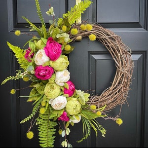 Hot Pink and Green Peony Floral Wreath for Spring and Summer