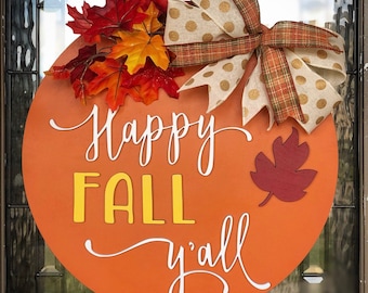 Happy Fall Yall Door Hanger Orange with Leaves
