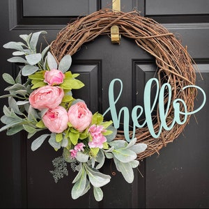 Pink Peony Wreath with Lambs Ear, Hello Wreath with Flowers for Spring and Summer