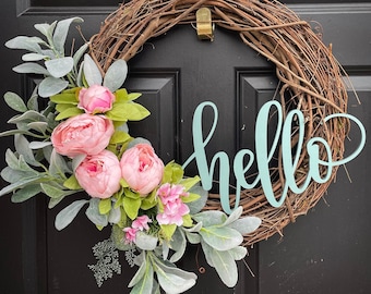 Pink Peony Wreath with Lambs Ear, Hello Wreath with Flowers for Spring and Summer