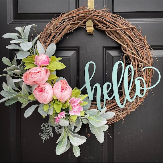 Pink Peony Wreath with Lambs Ear, Hello Wreath with Flowers for Spring and Summer