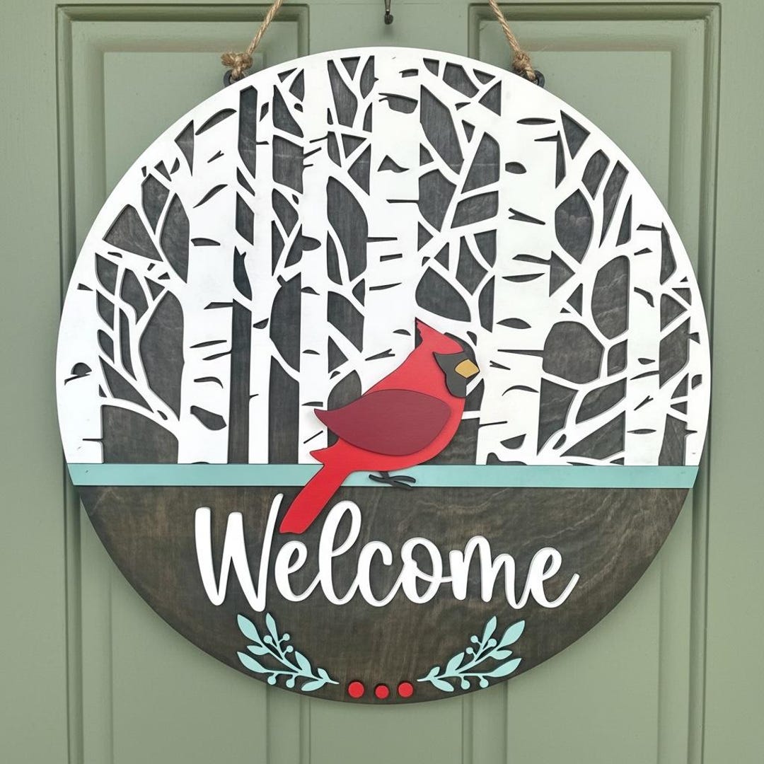 Cardinal Welcome Door Hanger, Farmhouse Front Door Decor, Winter Porch ...