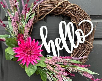 Purple Plum Hello Wreath for Spring, Summer Fall Everyday, Dahlia and Lilac Wreath