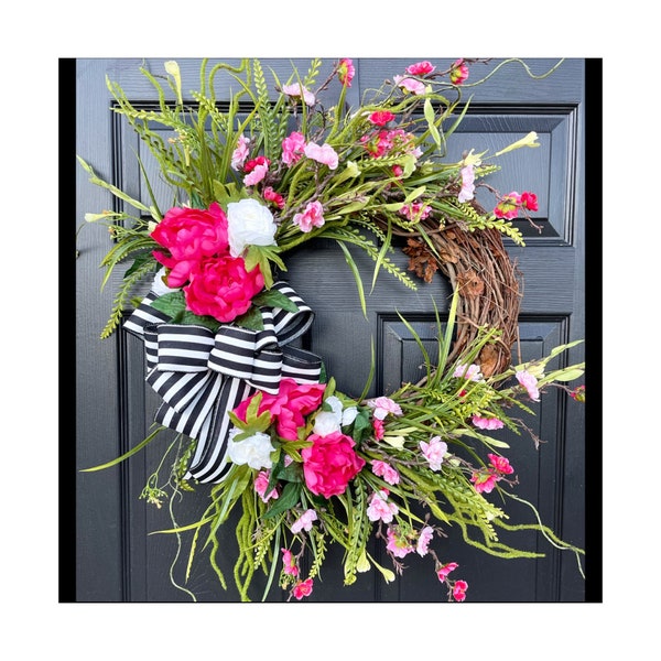 Bright Wreath for Spring and Summer, Hot Pink and Green Floral Wreath