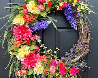 Spring Summer Bright Floral Wreath Pink Orange Yellow Purple Green