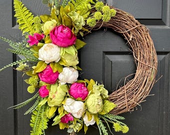 Hot Pink and Green Peony Floral Wreath for Spring and Summer