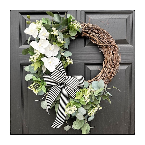 Year Round Wreath, Everyday Wreaths, Farmhouse Decor, Orchid and Greenery Wreath, Front Door Decor