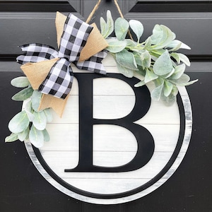 Shiplap Door Hanger with Initial and Lambs Ear, Farmhouse Year Round for Front Door