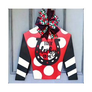 Kentucky Derby Door Hanger, Jockey Silk Door Sign, Talk Derby to Me, Horseshoe Wreath