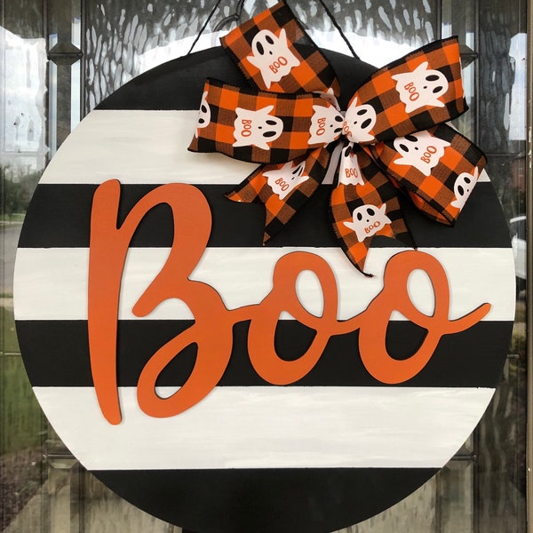 Halloween Door Hanger, Boo Black and White Stripe Orange, Ghost Decor