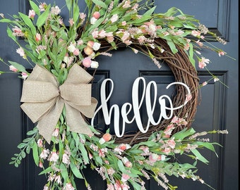 Floral Wreath for Spring Summer, hello, Peach Coral, initial