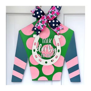Kentucky Derby Door Hanger, Jockey Silk Door Sign, Horseshoe Wreath, Talk Derby to Me