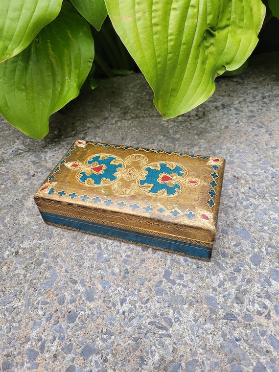 Vintage Blue and Gold Guilt Florentine Box//Wooden