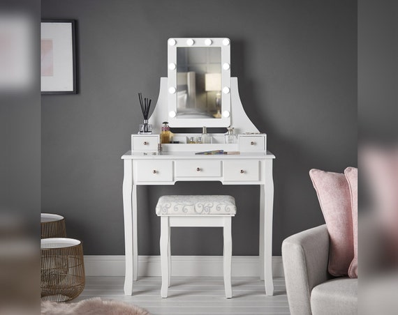 white dressing table with lights