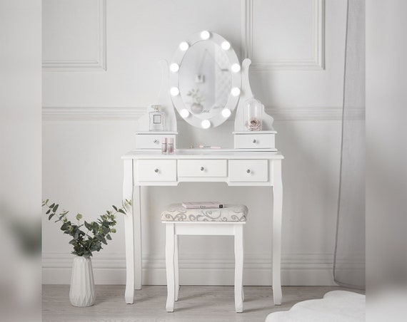 white dressing table with lights