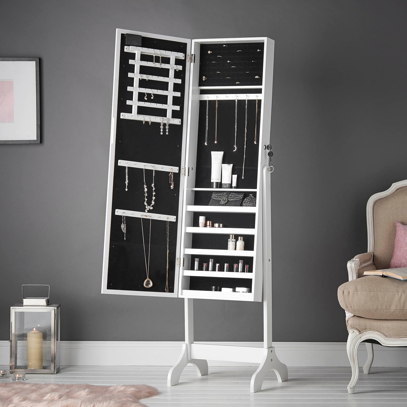 White Free Standing Mirror Jewellery with LED Lights Etsy