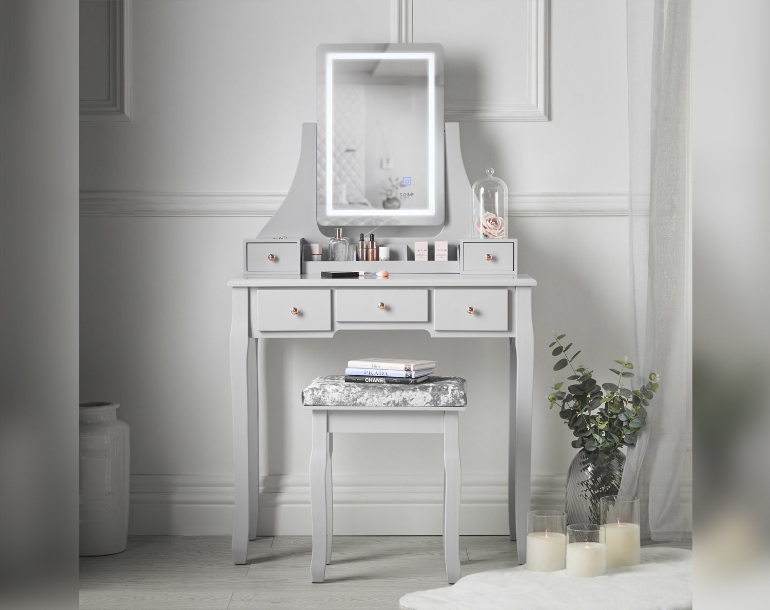 Grey Dressing Table With Touch Vanity, Vanity With Mirror And Lights Drawers