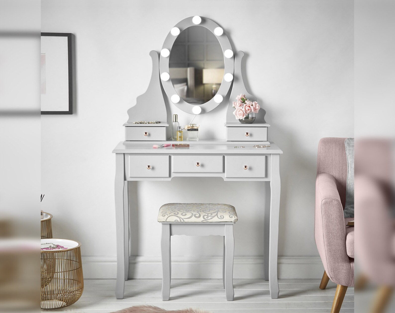 Grey Dressing Table with Hollywood Bulbs LED Lights & Vanity Etsy