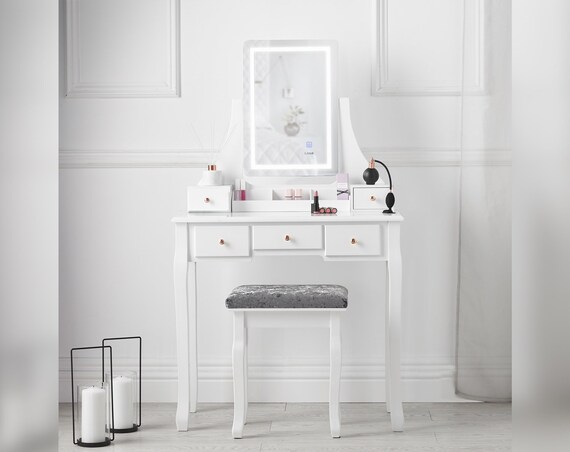 White Dressing Table With Touch Vanity Mirror Led Lights And 5 White Dressing Table With Touch Vanity, Vanity With Mirror Lights And Stool
