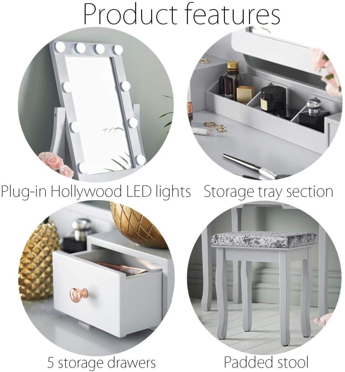 Grey Dressing Table with Hollywood LED Lights & 5 Drawers Etsy