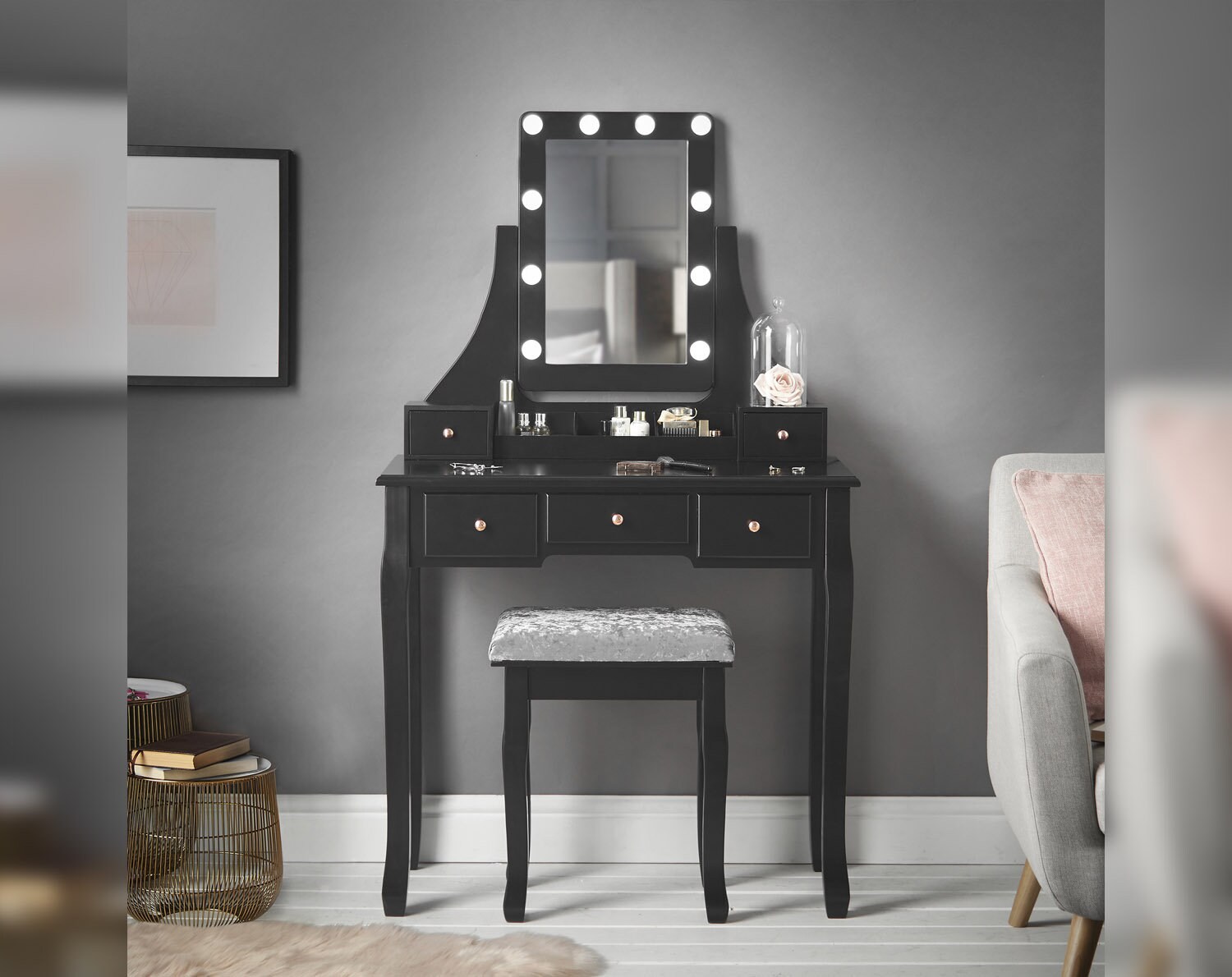 Black Dressing Table with Hollywood LED Lights & 5 Drawers Etsy