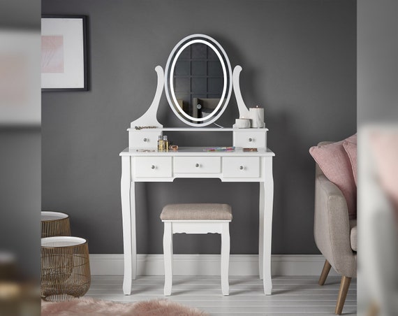 White Dressing Table With Oval Vanity Mirror Touch Led Lights Oval Vanity Mirror Touch Led Lights, Vanity With Mirror Lights And Stool