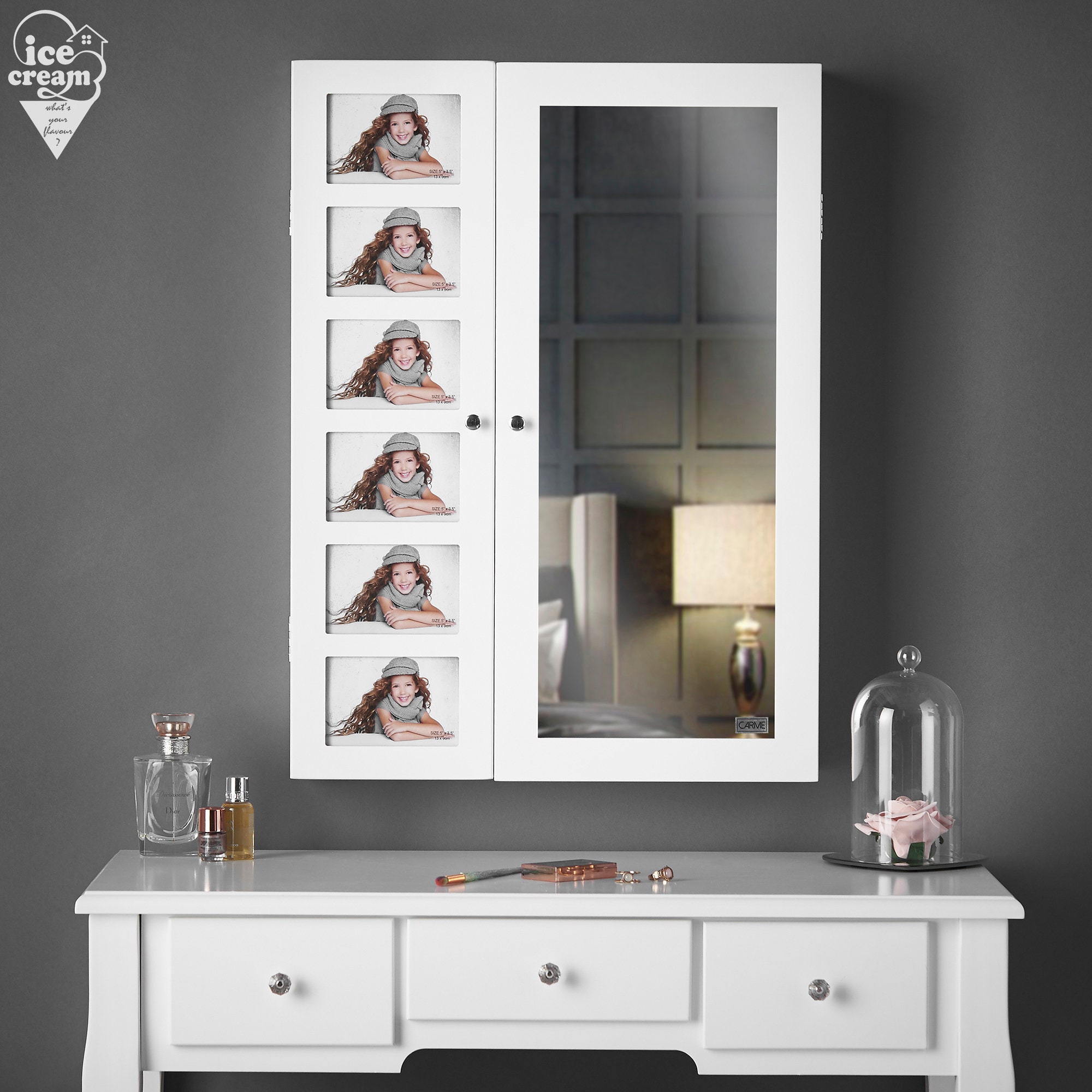 Harper Wall Mounted Desktop White Jewellery Mirror Cabinet With