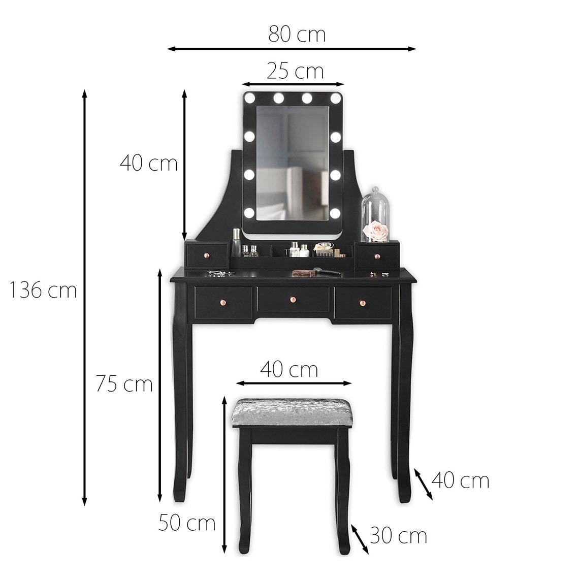 Black Dressing Table with Hollywood LED Lights & 5 Drawers Etsy