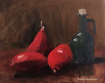 STILL LIFE Chiaroscuro - Unframed Oil Painting - Oil Painting Realistic - Small Oil Painting - Classical - Three Pears and an Oil Carafe