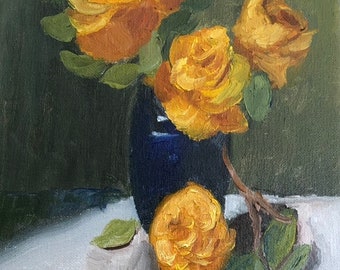 FLORAL - Unframed Oil Painting - Oil Painting Impressionist - Small Oil Painting - Classical - Yellow Rose Cascade
