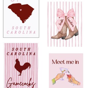Puede incluir: Cuatro estampados temáticos en rosa y blanco. Uno presenta un mapa de Carolina del Sur con la palabra "Columbia". Otro muestra botas de vaquero con un lazo rosa que dice "Carolina del Sur". Un tercer estampado tiene un gallo y la palabra "Gamecocks". El último estampado dice "Meet me in Five Points".