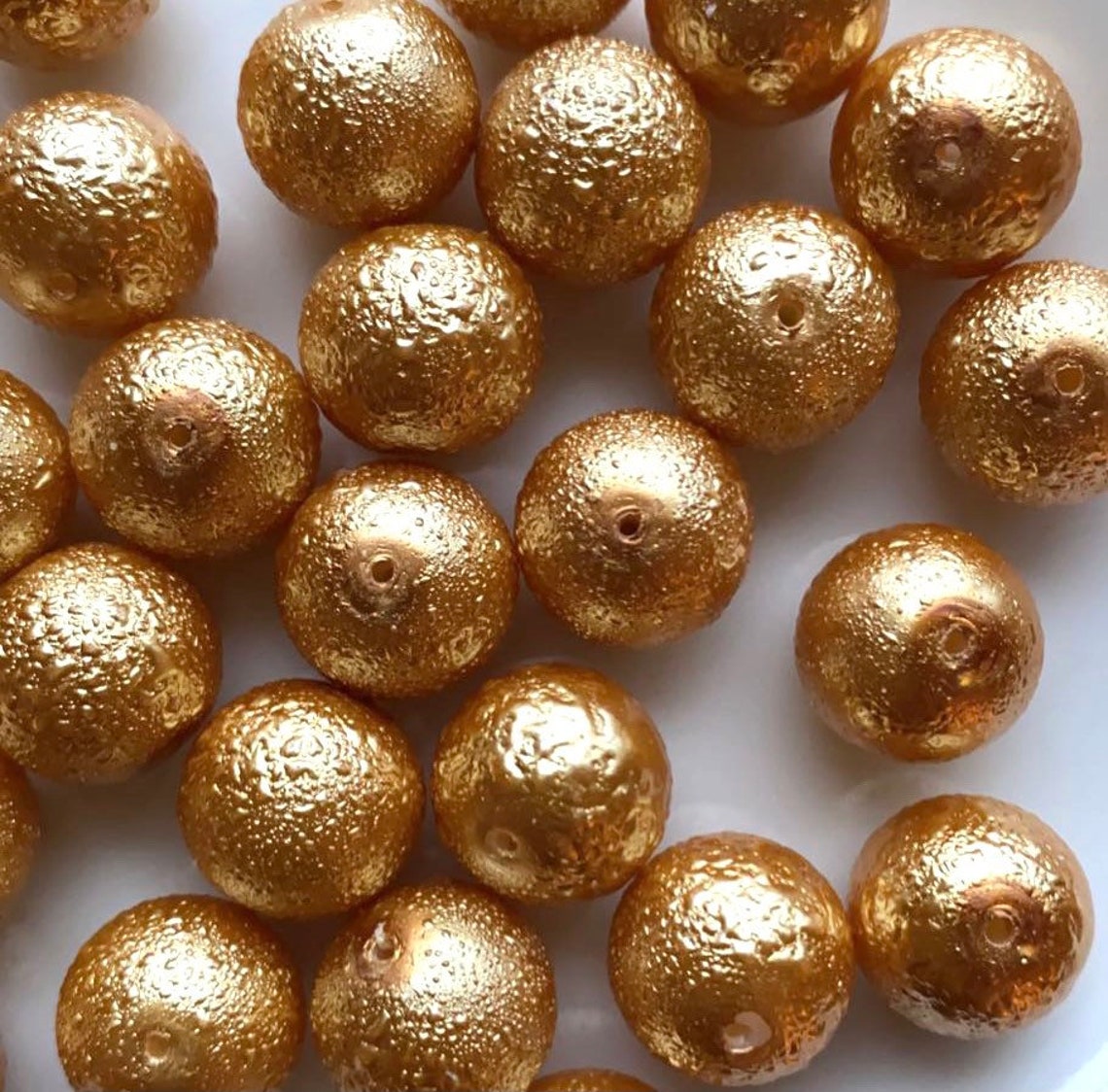 14mm Beads Glass Beads Gold Textured Round Beads Etsy