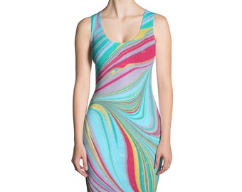 Dress - Tank Dress - Fitted - Stretch - Womens - Water Marbled - Flower