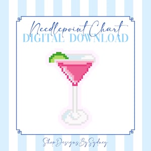 May include: Digital download needlepoint chart featuring a pixelated pink cocktail with a lime garnish. The design is set against a light blue and white striped background, with the text "Needlepoint Chart DIGITAL DOWNLOAD" and "Shop Designs By Sydney".