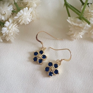 Sapphire Blue Flower Earrings, CZ Earrings, Flower Jewellery, Drop Earrings, Dangle Earrings, Bridal Jewellery, Gold Earrings, Gifts for Her