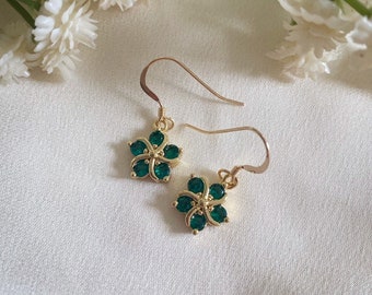 Emerald Green Flower Drop Earrings, May Birthstone Jewellery, Bridesmaid Gift, Botanical Earring, Gifts for Her, Floral Dangle Earrings