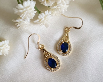 Blue Teardrop CZ Earrings, Gold Earrings, CZ Earrings, Gemstone Earrings, Drop Earrings, Dangle Earrings, Bridal Jewellery, Gifts for Her