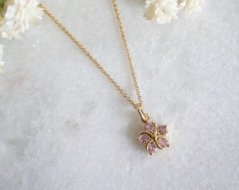 Pink Flower Necklace, CZ Necklace, Flower Jewellery, Gold Filled Necklace, Bridal Jewellery, Bridesmaid Gift, Nature Inspired, Gifts for Her
