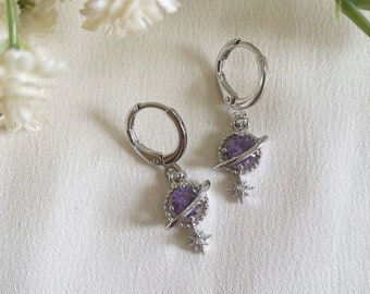 Dainty Purple Silver Planet and Star Huggie Hoop Earrings, CZ Earrings, Celestial Jewellery, Drop Earrings, Dangle Earrings, Gifts for Her