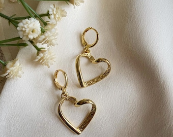 Gold Heart Dangle Huggie Hoop Earrings: Love Jewellery