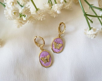 Gold Butterfly Huggie Hoop Earrings: Purple Enamel Drop Earrings