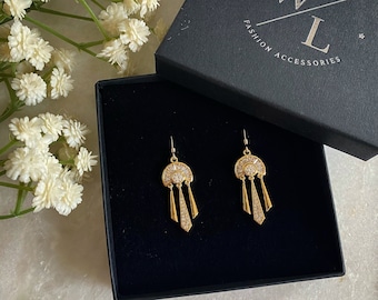 Gold Fan Chandelier Earrings, Vintage Inspired Earrings, Drop Earrings, Dangle Earrings, Art Deco Style, Gatsby Style, Gifts for Her