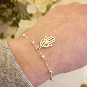 Sterling Silver Hamsa Hand Bracelet on Bobble Chain, Boho Jewellery, Hand of Fatima, Good Luck Charm, Satellite Chain, Gifts for Her
