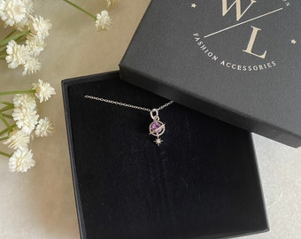 Dainty Purple Silver Planet and Star Necklace, Silver Necklace, CZ Pendant, Celestial Jewellery, Star Jewellery, Saturn Pendant, Gift Ideas