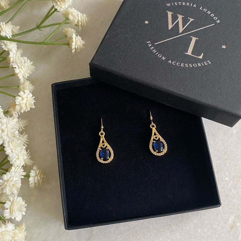 Blue Teardrop CZ Earrings, Gold Earrings, CZ Earrings, Gemstone Earrings, Drop Earrings, Dangle Earrings, Bridal Jewellery, Gifts for Her image 2